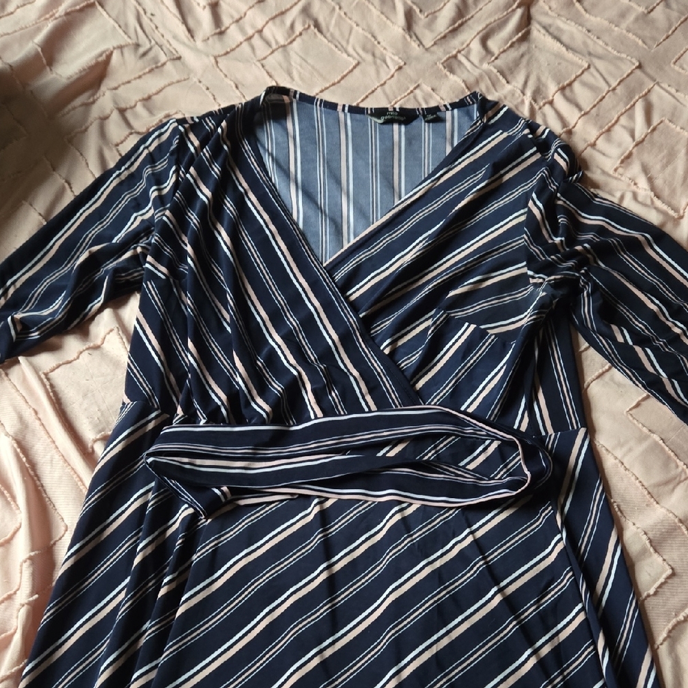 Mlle Gabrielle Navy, Pink, and White Striped 3/4 Long Sleeve Dress Wrap Dress